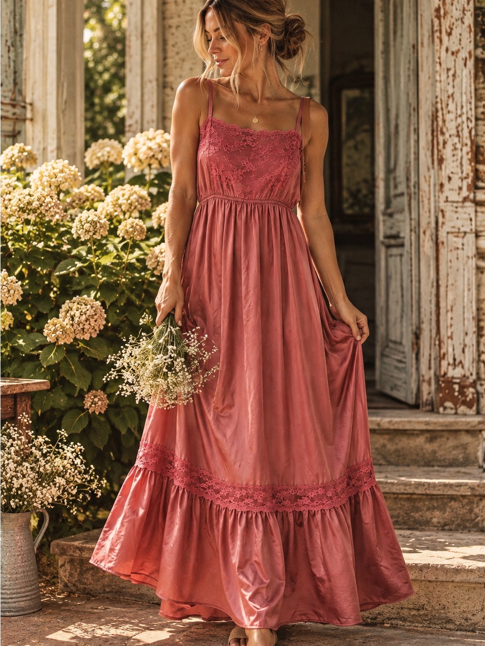 Vintage Dusty Rose Satin Lace Nightie Slip Dress Small
